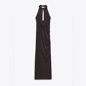 NWT Zara Halter Slit Long Dress With Flower Chocolate Brown Color Size S/XS